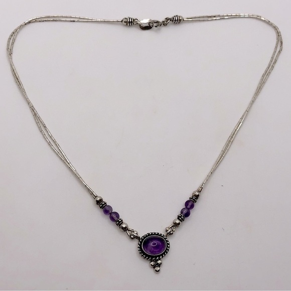 Vtg QT Sterling Liquid Silver Heishi Tube Bead Amethyst Necklace 16” - Picture 3 of 7